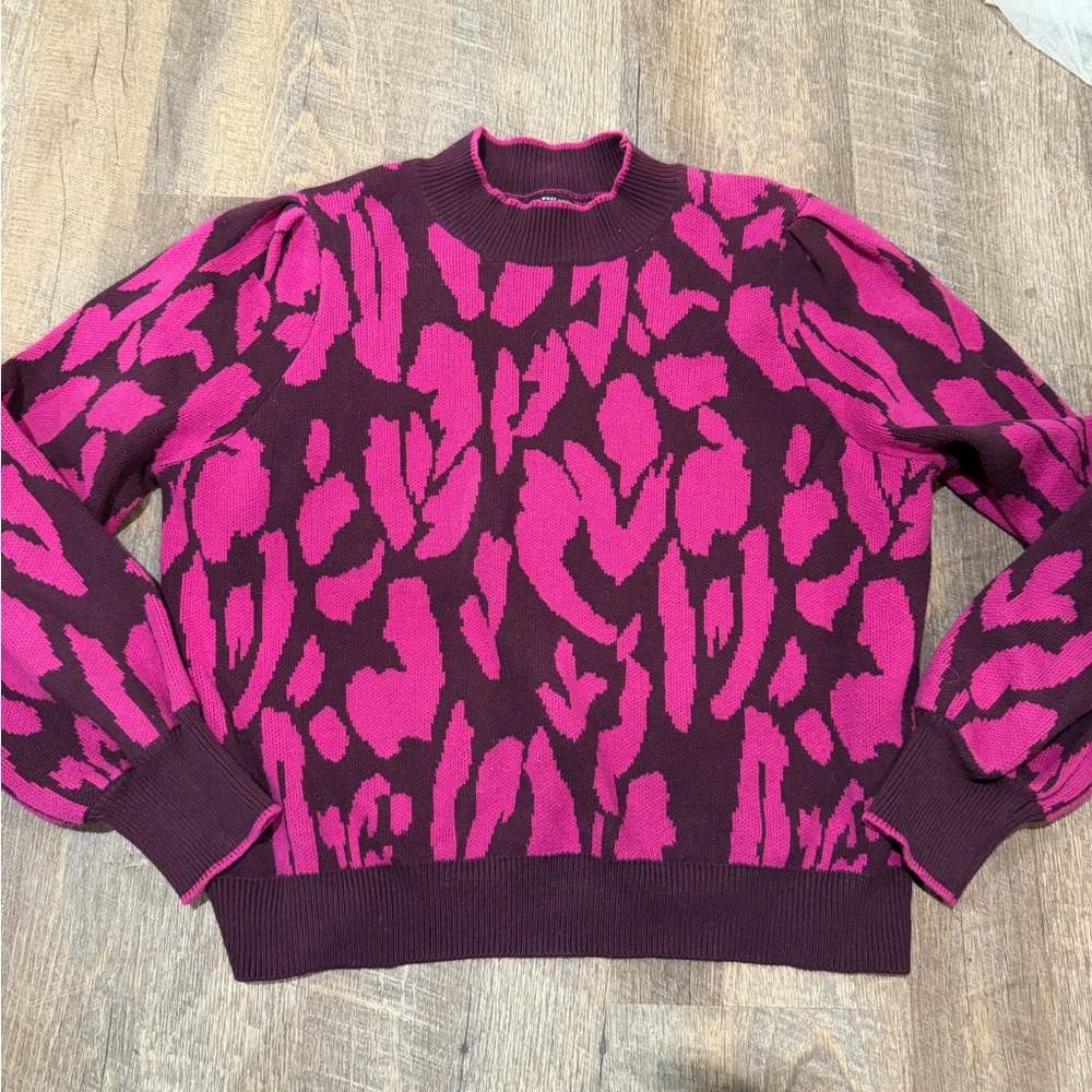 Who What Wear Magenta and Burgundy Patterned Turtleneck Sweater